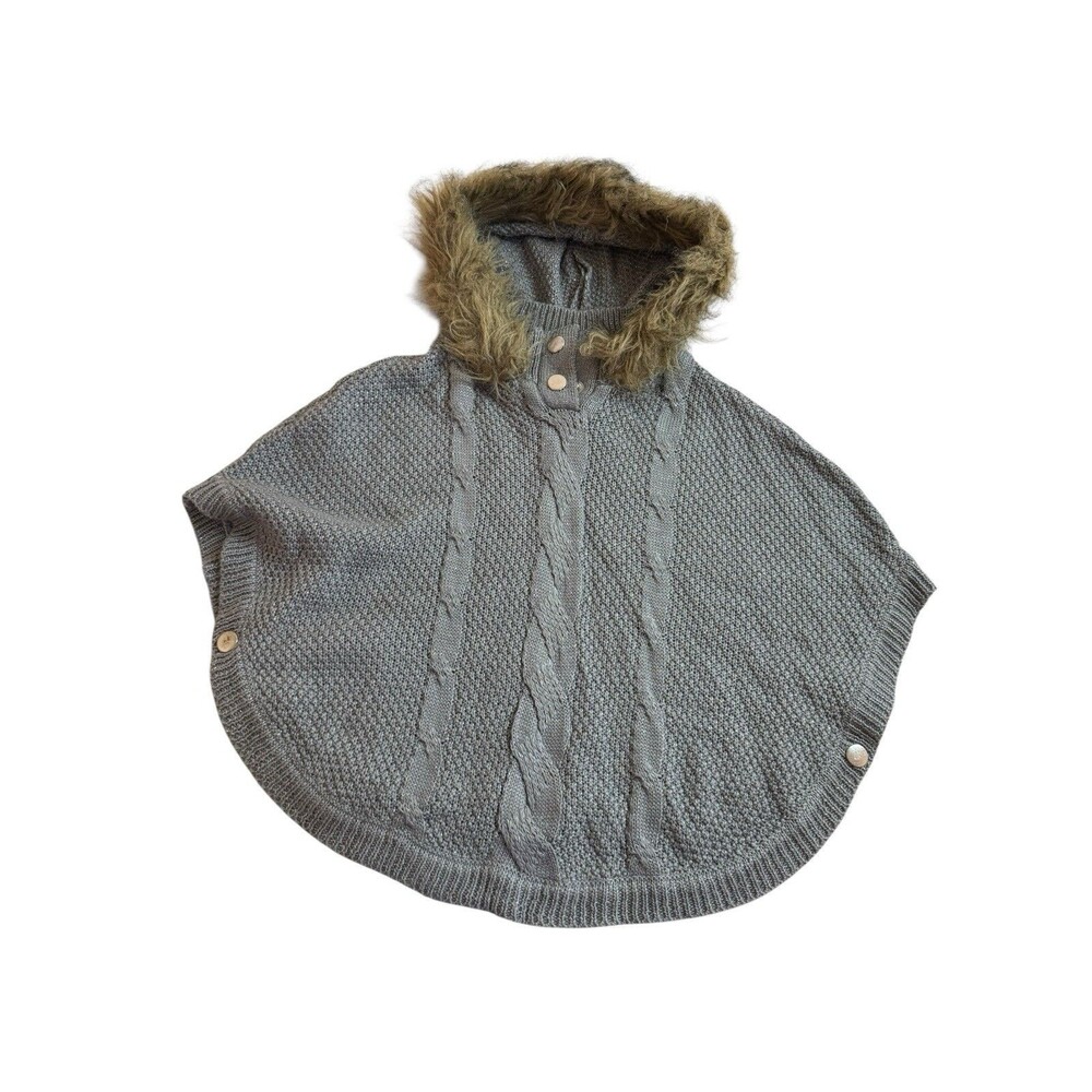 Little Lass Girls Gray  Poncho Wrap Shawl Sweater Cable Knit Faux Fur Hood Sz 3T